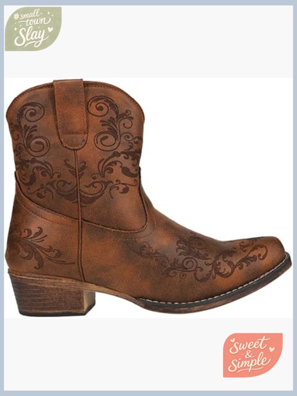 Embroidered Snip Toe Ankle Boots Low Heel Pull-On Faux Leather Casual Western